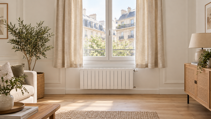 Rideaux courts beige au-dessus d’un radiateur sous une fenêtre
