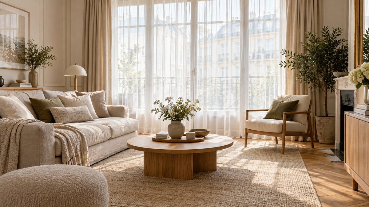 Voilage blanc préservant l'intimité dans un salon lumineux