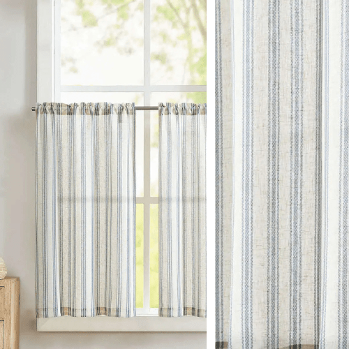 Rideau Bleu Pale Lin Rayure - La Maison des Rideaux
